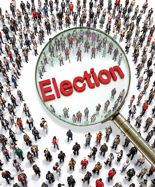 Vector people with the word Election and a magnifying glass over the word